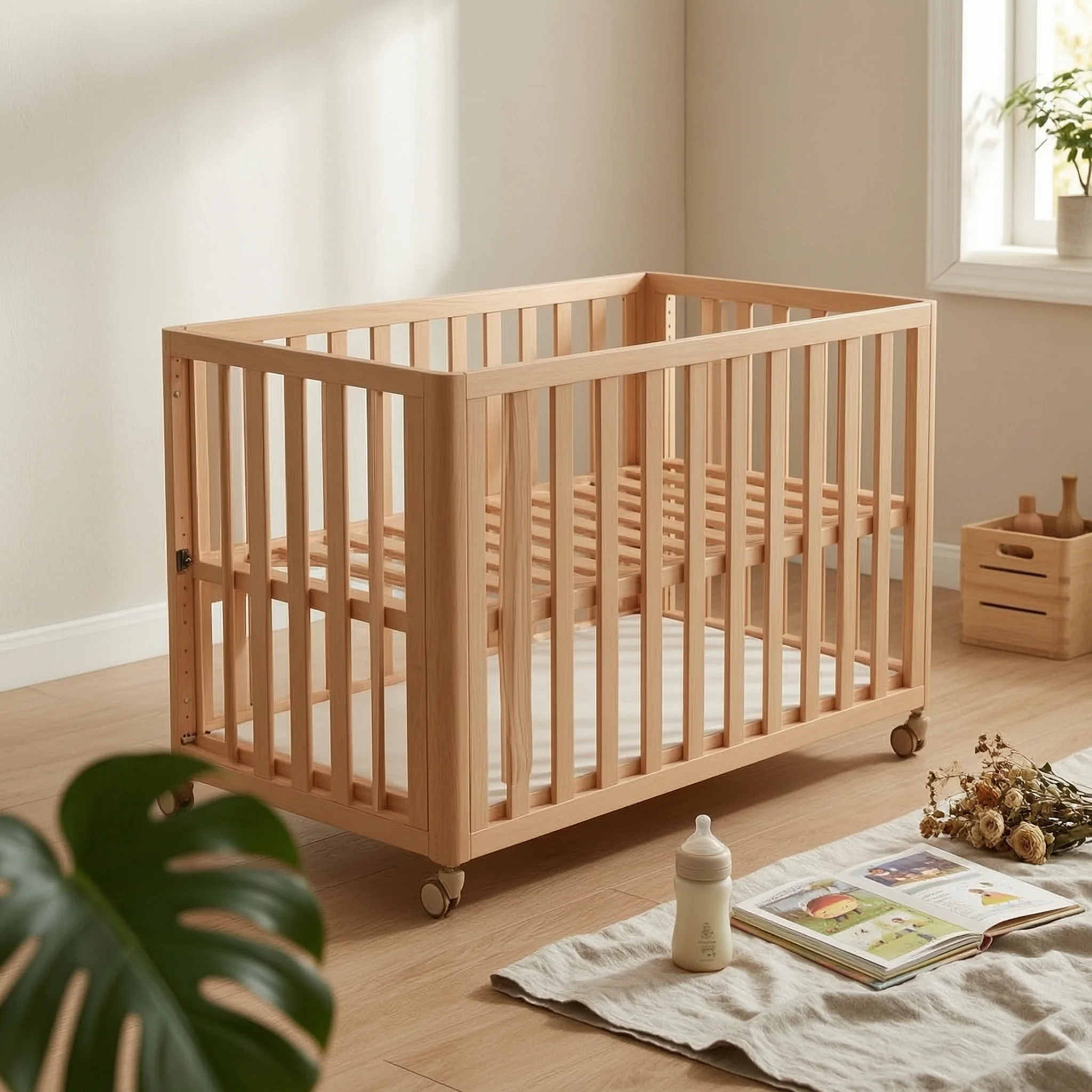 

Baby Crib Beech Wood Adjustable Crib Casters for Young Children