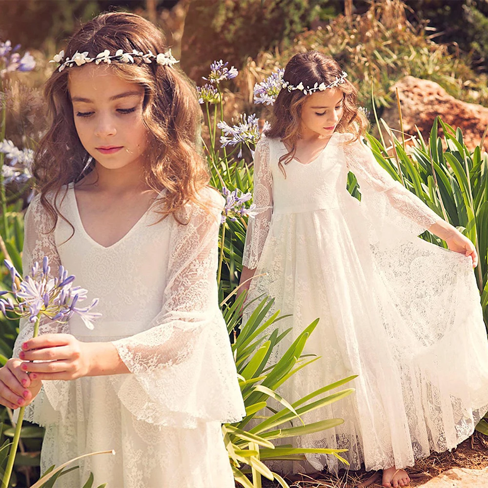 2-14 Years White Flower Girl Dresses For Girls Flared Sleeves Soft Lace First Communion Gown Bohemian Princess Boho Dress Kids