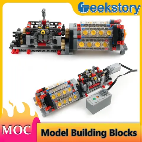 V16 Translucent Engine Model Building Blocks 6-speed Gearbox Composition Transmission Available With Motor Assembled Bricks Toys
