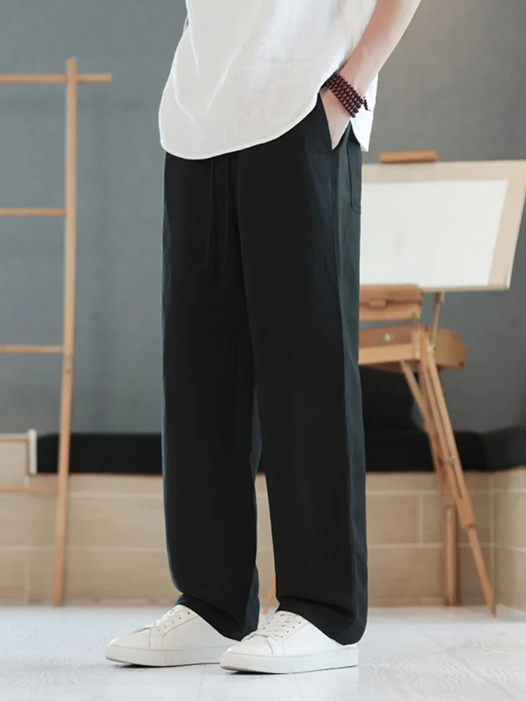 

Loose Straight Leg Linen Men's Summer Casual Pants Wide Leg Cotton Linen Men's Long Trousers Breathable Comfortable