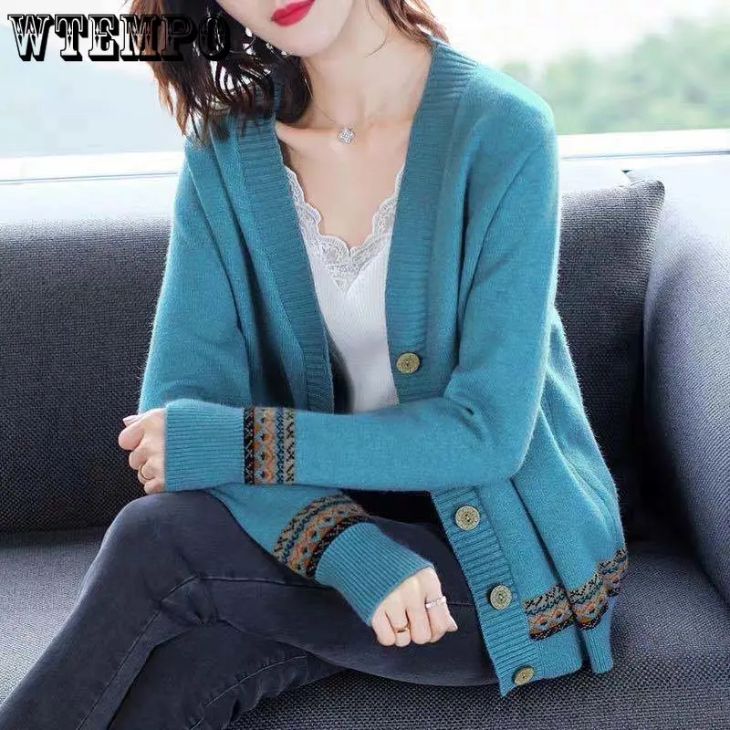 WTEMPO Spring Autumn Solid Color Women\'s Knitted Cardigan Long Sleeve Korean Loose V-Neck Button Sweaters Coat Female Clothing