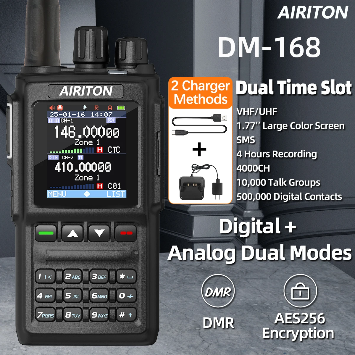 Airiton DM-168 DMR Digitales Walkie-Talkie, leistungsstarker SMS-Dual-Modus, analog, AES256, verschlüsselter Typ C für Anytone AT-D168UV Amateurfunk