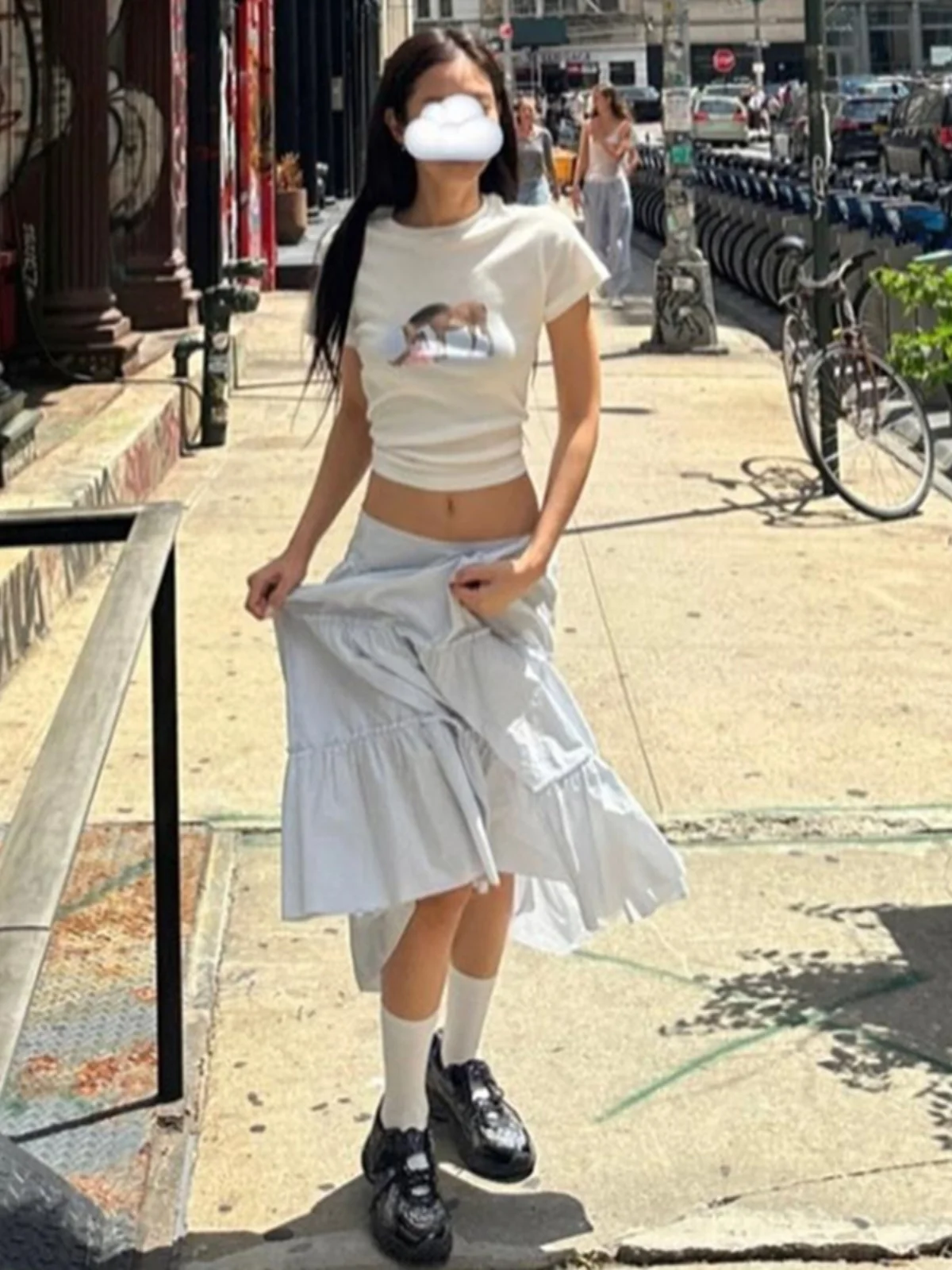 Jennie Light Blue Pleated A-Line  Skirt Sweet Lace Trim Summer Women's Ins High Waist Long Skirt Street Sle Casual Loos...