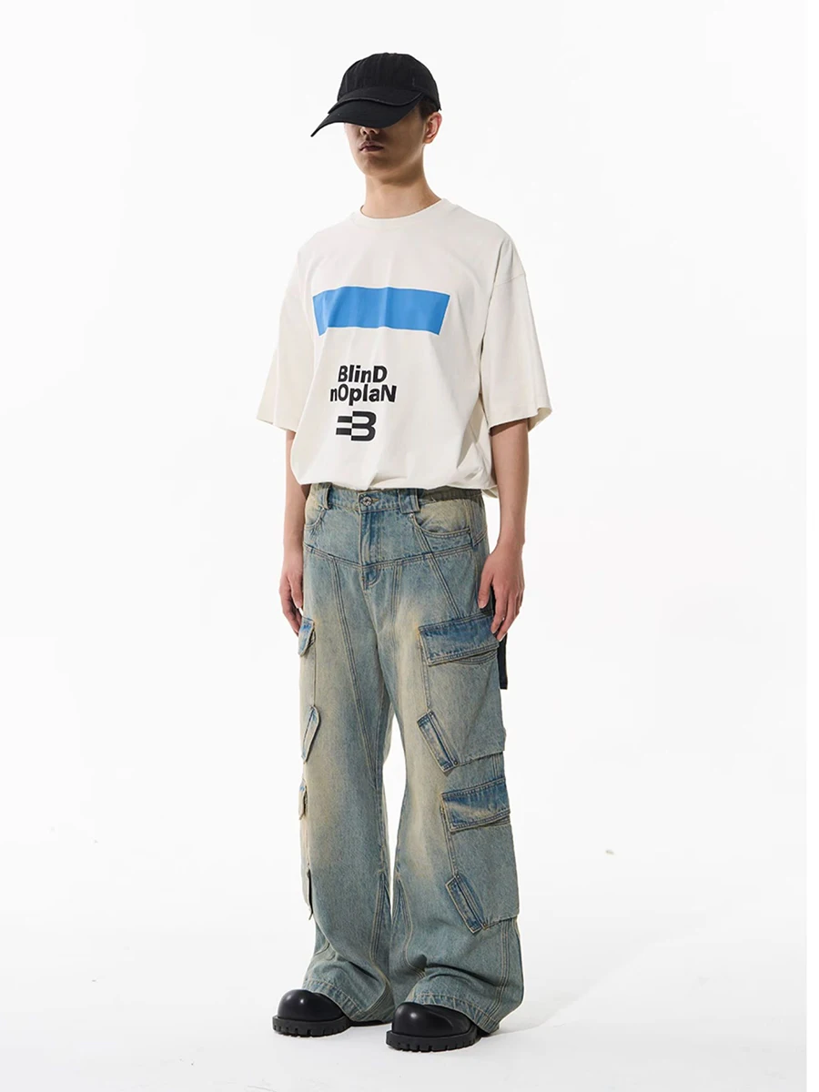 REDDACHiC Patchwork Pockets Cargo Baggy Jeans Men Bleached Blue Elastic Waist 90s Retro Skater Wide Pants Y2k Casual Streetwear