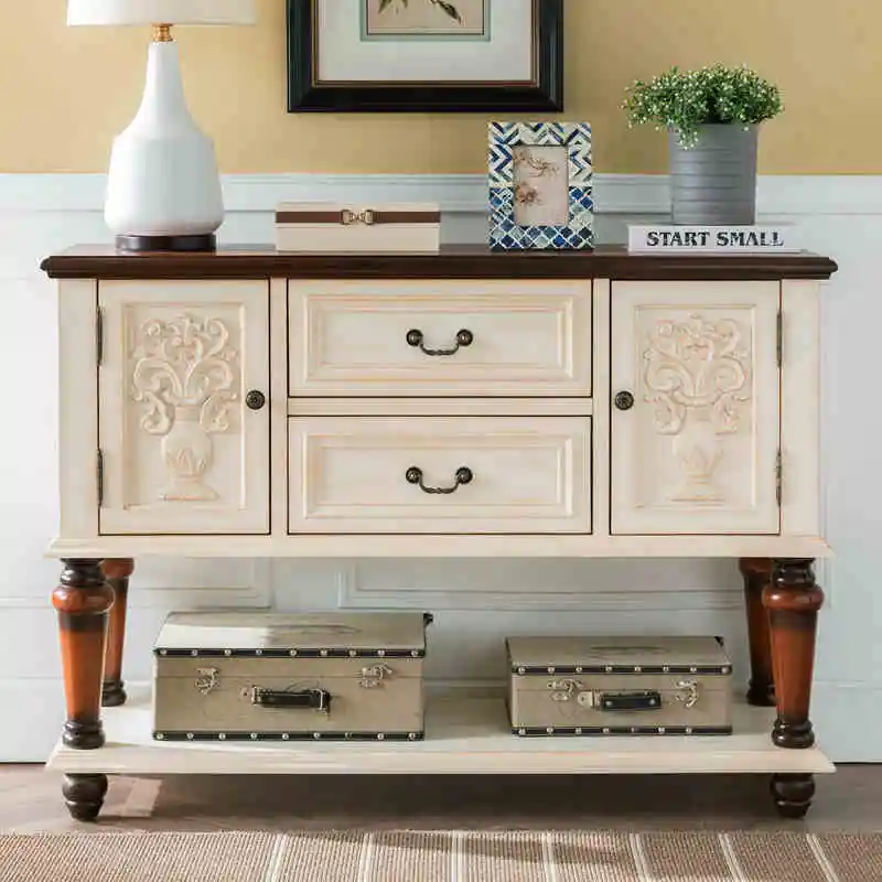 

#@Vintage OAK Solid Wood American Carved Hollowed Out Side Cabinet Observation Deck Porch Wine Cabinet White Oak Sideboard