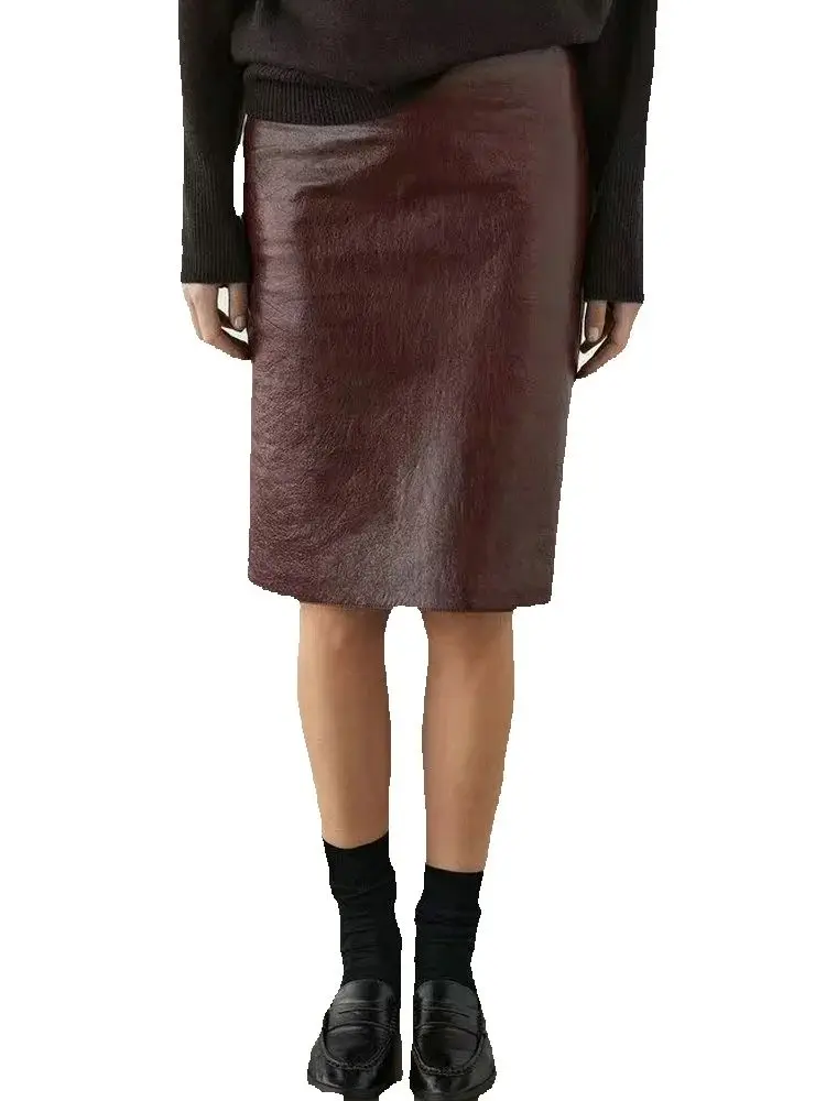 Women Spring Autumn Elegant Wine Red Faux Leather Skirt Office Lady Vintage High Waist Luxury PU A-line Lining Skirts Streetwear