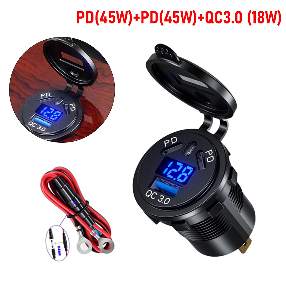 

3 Ports Car Charger Voltmeter Dual 45W PD Type C & 18W QC 3.0 LED Voltmeter Switch Socket Accessories for 12V/24V Car Motorcycle