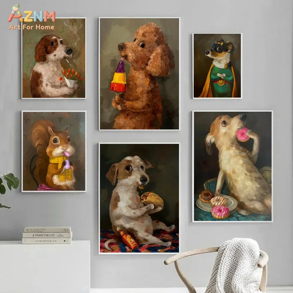 AZNM Funny Whimsical Dog Squirrel Canvas Wall Art Retro Oil Painting Pet Eating Donut Ice Cream Poster Print Cute Home Decor Unf