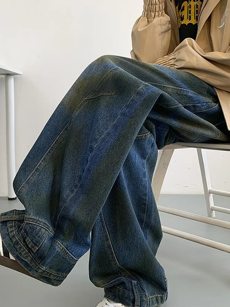 

Retro American Dyed Jeans Men's Design Sense Splicing Straight Tube Workwear Knife Pants Autumn Winter Clean Fit Jeans