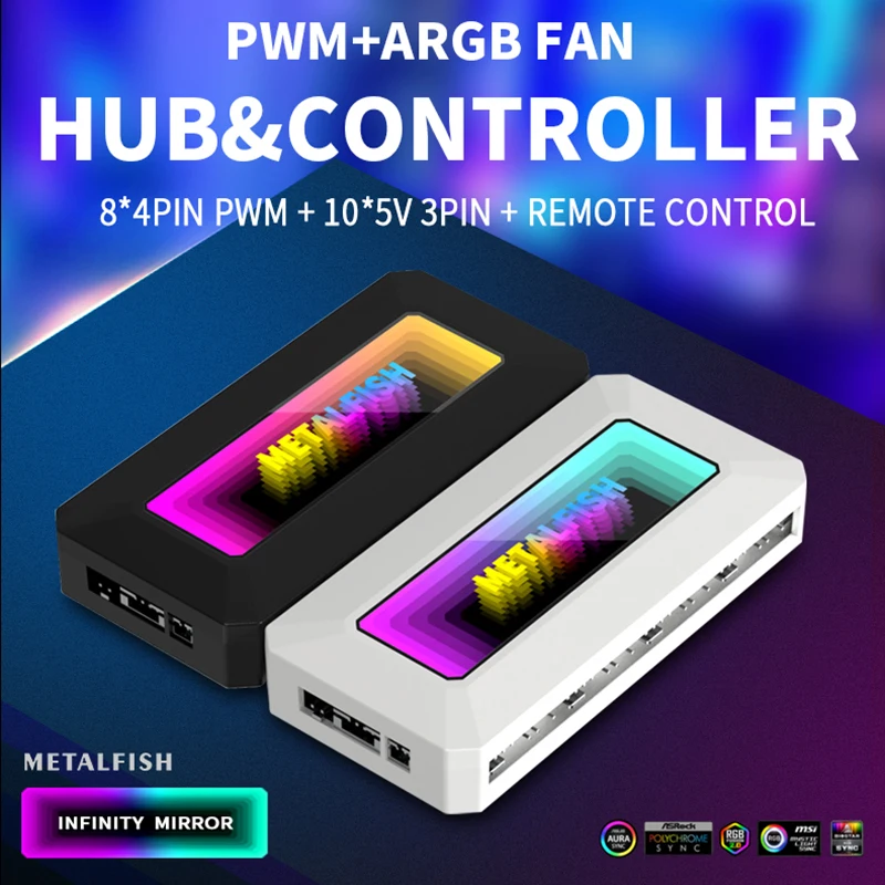 METALFISH ARGB Fan HUB Splitter With 4Pin PWM For Computer Cooling SYNC CPU Radiator 5V 3Pin LED Light Strip Remote Controller