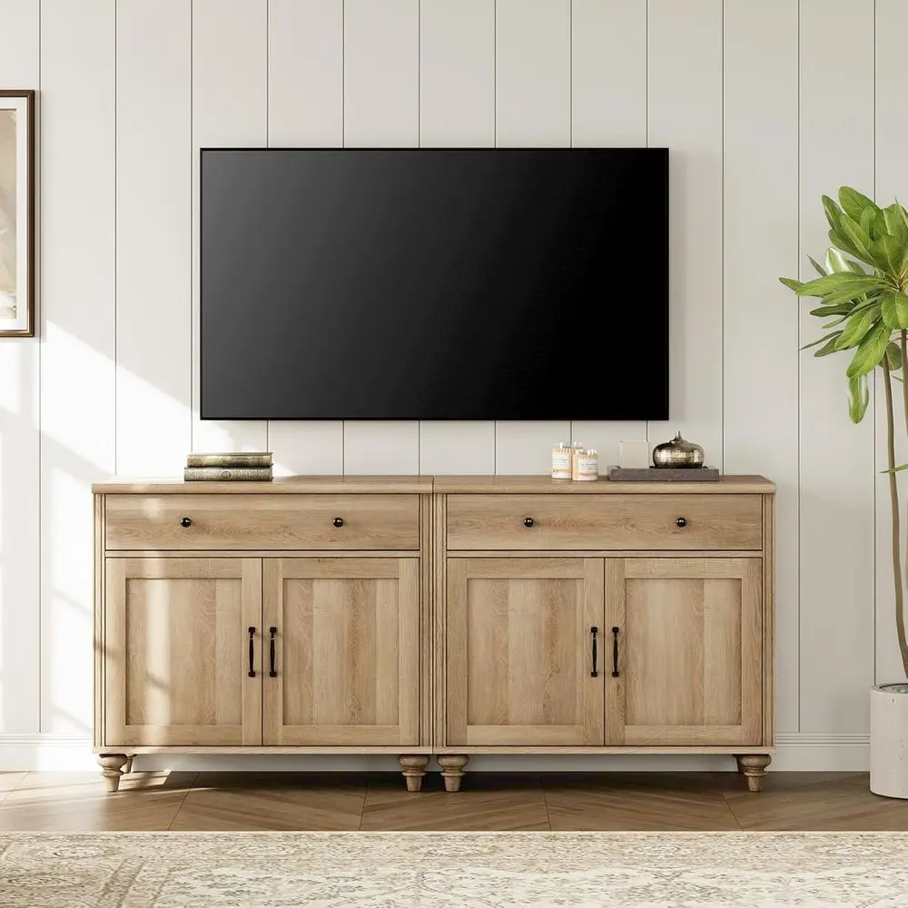 

Тумба под телевизор 75 дюймов с 4 дверцами и 2 ящиками, деревянный шкаф для хранения ТВ, дубовый медиацентр для гостиной