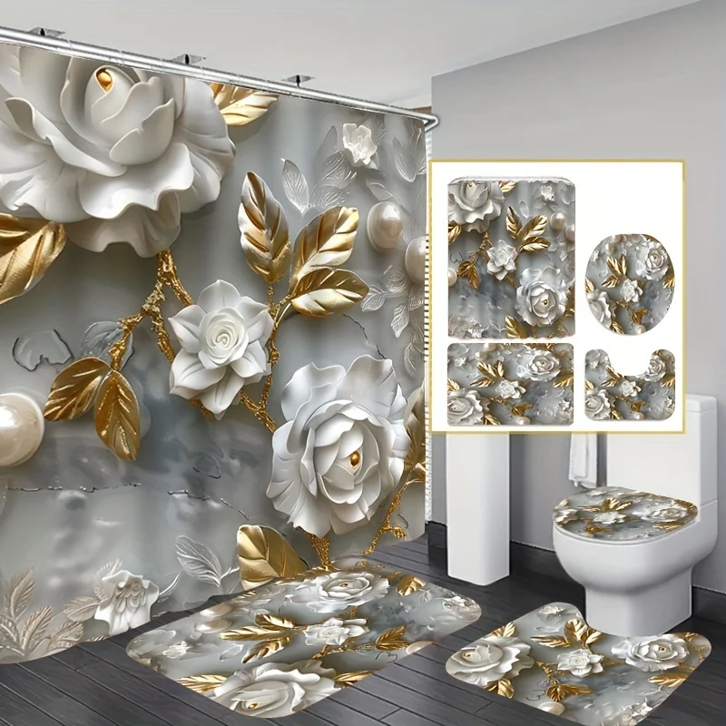 1/4pcs Pearl Embossed Series Printed Creative , Decorative Bathroom Set Including Waterproof Shower Curtain, N