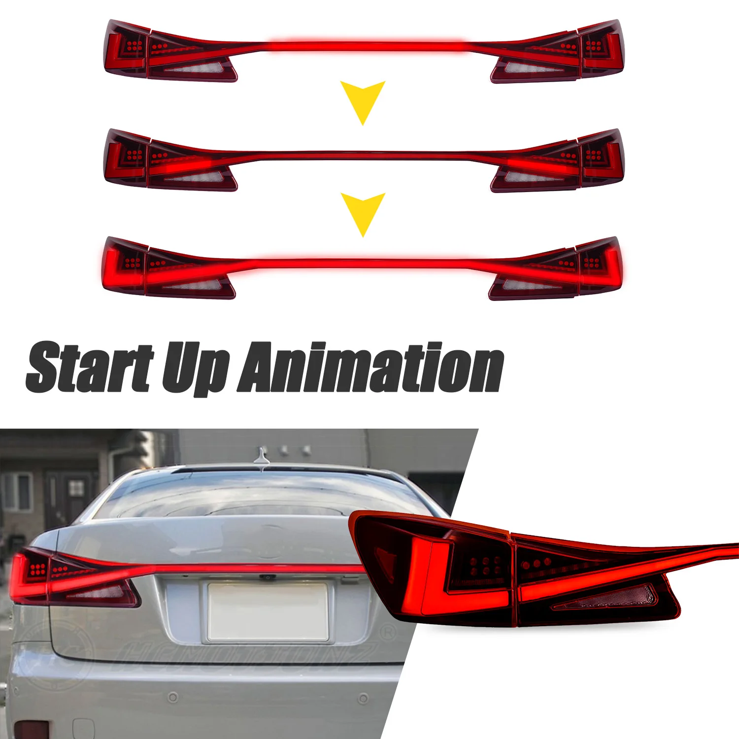 HCMOTIONZ NEW Design LED Tail Lights for Lexus IS 2006-2012 DRL Rear Lamps Assembly IS250 IS350 ISF IS300 220d with Middle Lamp