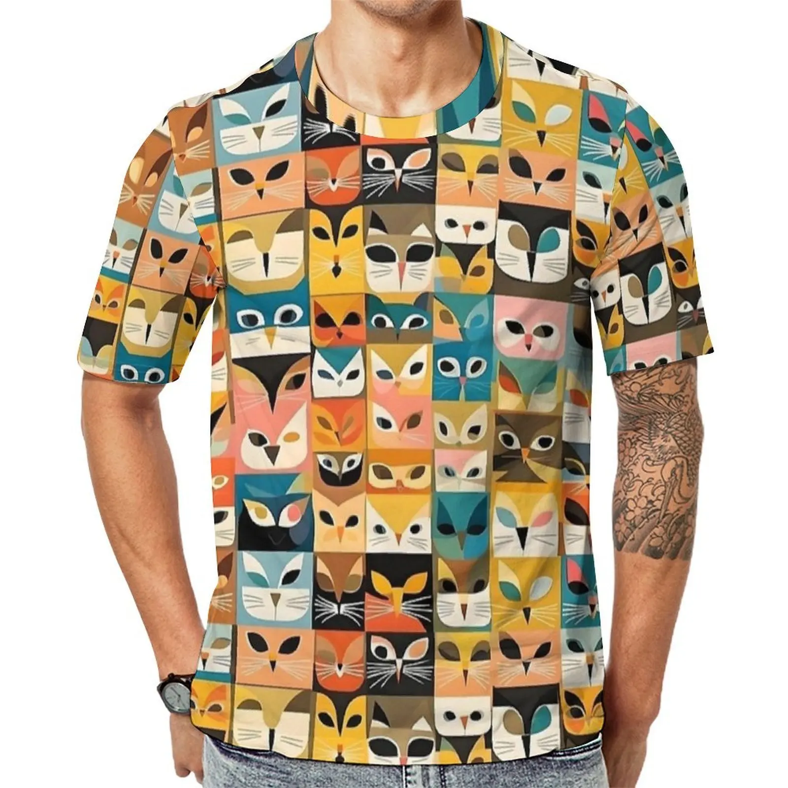 Mosaic Cat Face Print T Shirt For Male  Pattern O Neck T Shirts Summer Hip Hop Tops Short Sleeve Casual Plus Size Tee Shirt Gift