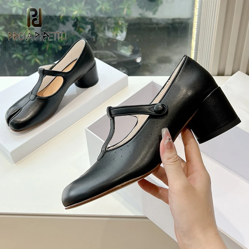 

Tabi Split Toe Shoes 2024 Exclusive New Women Silver Black Genuine Leather Chunky Med Heel T-strap Elegant Single Pumps