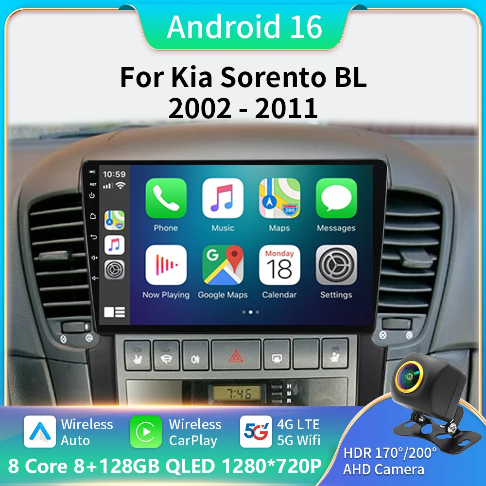 Android 16 Carplay Auto 2K Screen Car Radio Multimedia Player For Kia Sorento BL 2002 - 2011 DSP 2din Autoradio Stereo Head Unit
