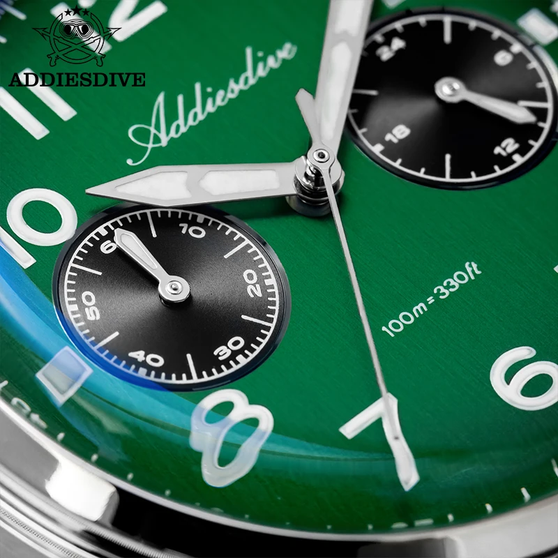 

ADDIESDIVE New Men's Watches Chronograph Bubble Mirror 10Bar Waterproof Steel VK64 Quartz Wristwatch 38mm Watch
