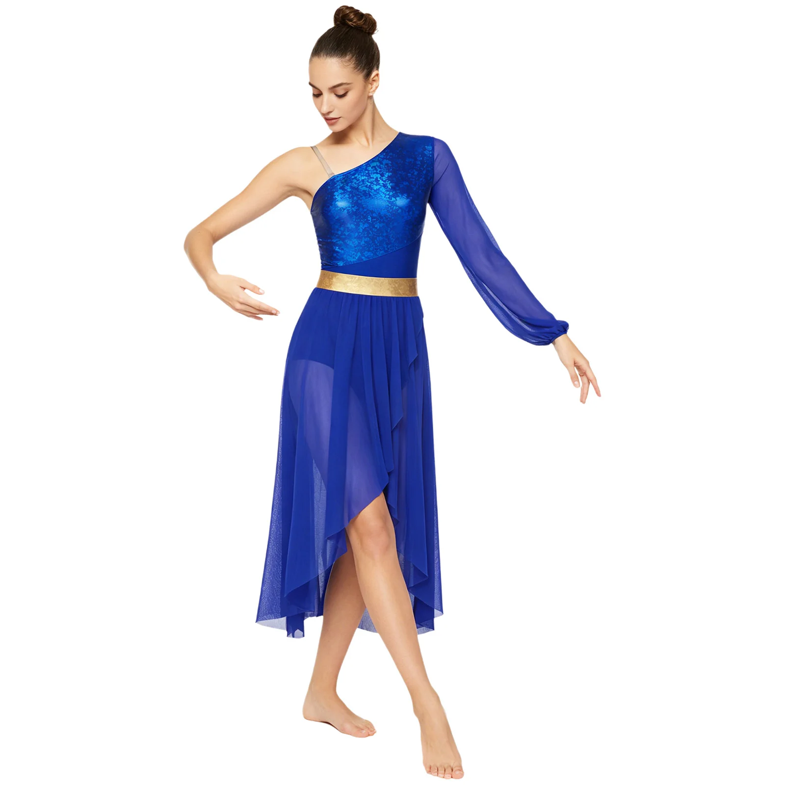 

One Shoulder Metallic Contemporary Dance Dress for Women Shiny Bodice Irregular Mesh Hem Leotard Dress Lyrical Worship Dancewear