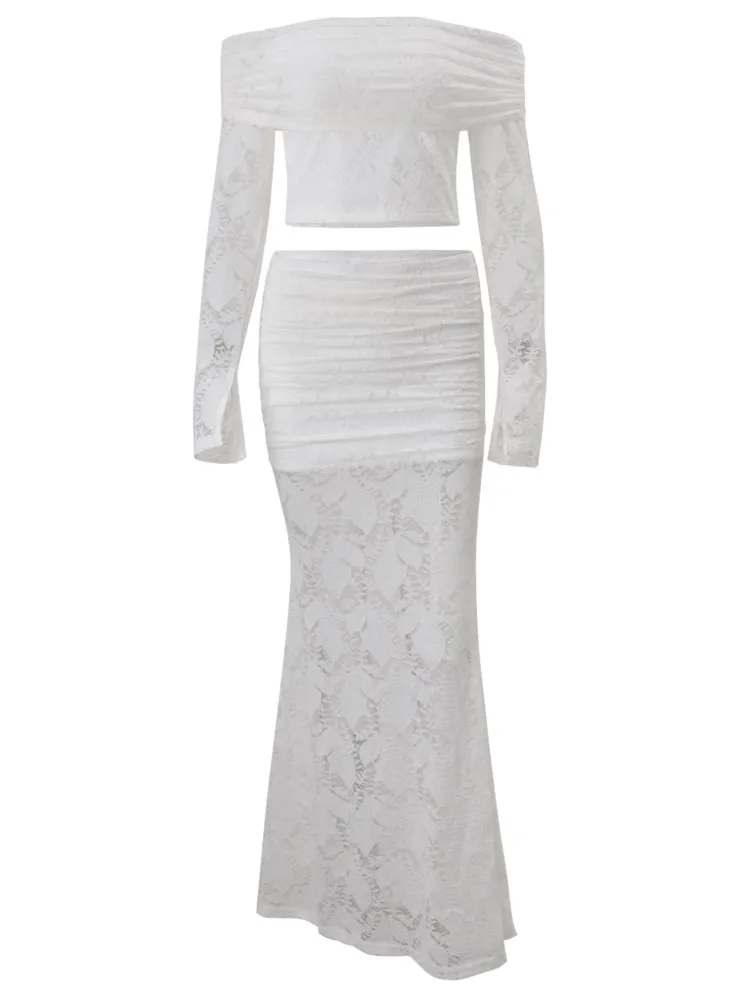 

Элегантный комплект из двух предметов, женские однотонные тонкие кружевные топы с длинными рукавами и тонкие длинные макси-юбки, женский уличный одинаковый костюм