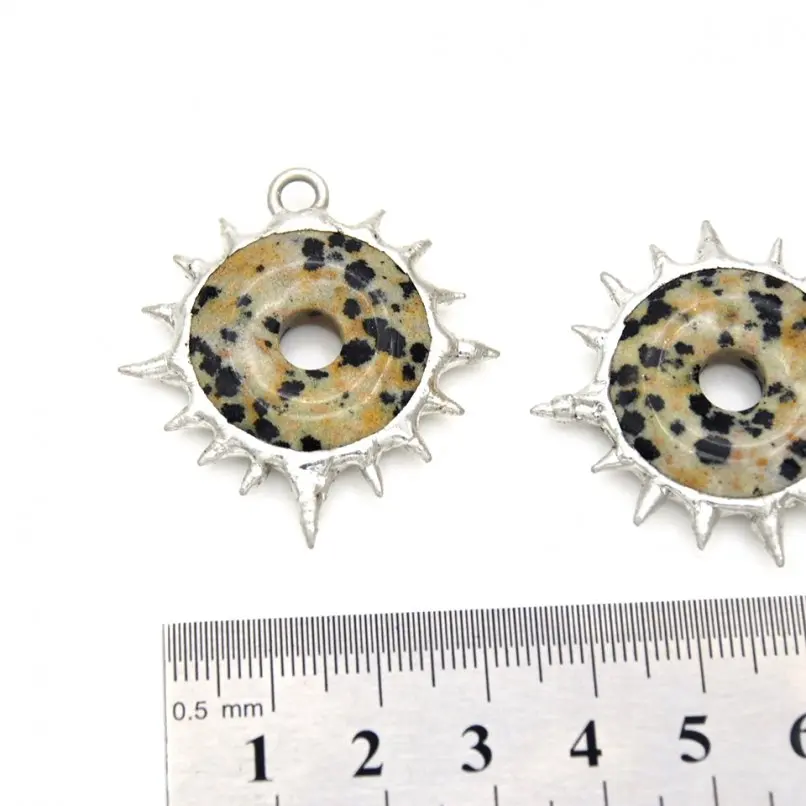 10Pcs Brutalist Y2k Handmade Pendant Semi-precious Stone Dalmation Jasper Soldered Bubble Claw Coin Shape Spiky Thorns Jewelry