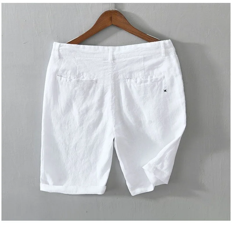 Calças Curtas Casuais de Linho Puro Respirável e Leve para o Verão, Calças de Aodão e Linho para Homens, Calças de Quatro P...