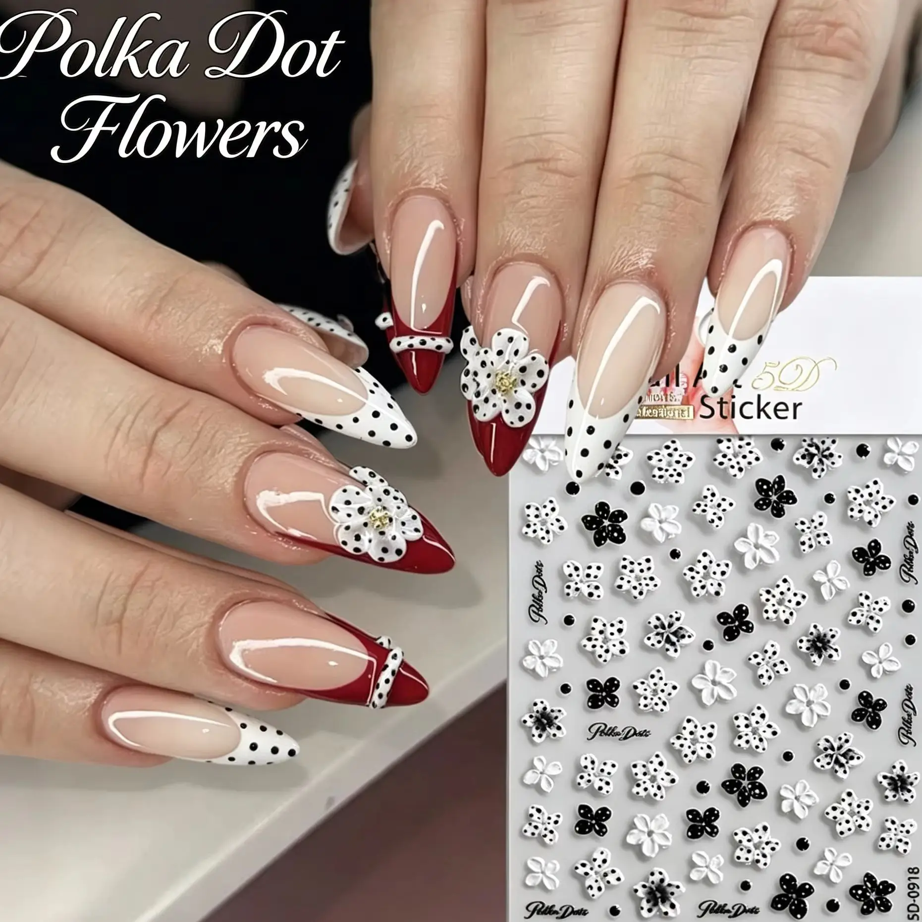 Vintage Black 5D Embossed Polka Blooms 5-Petal Flower Nail Stickers, Coquette Dot White Floral Nail Decals Autumn Manicure Decor