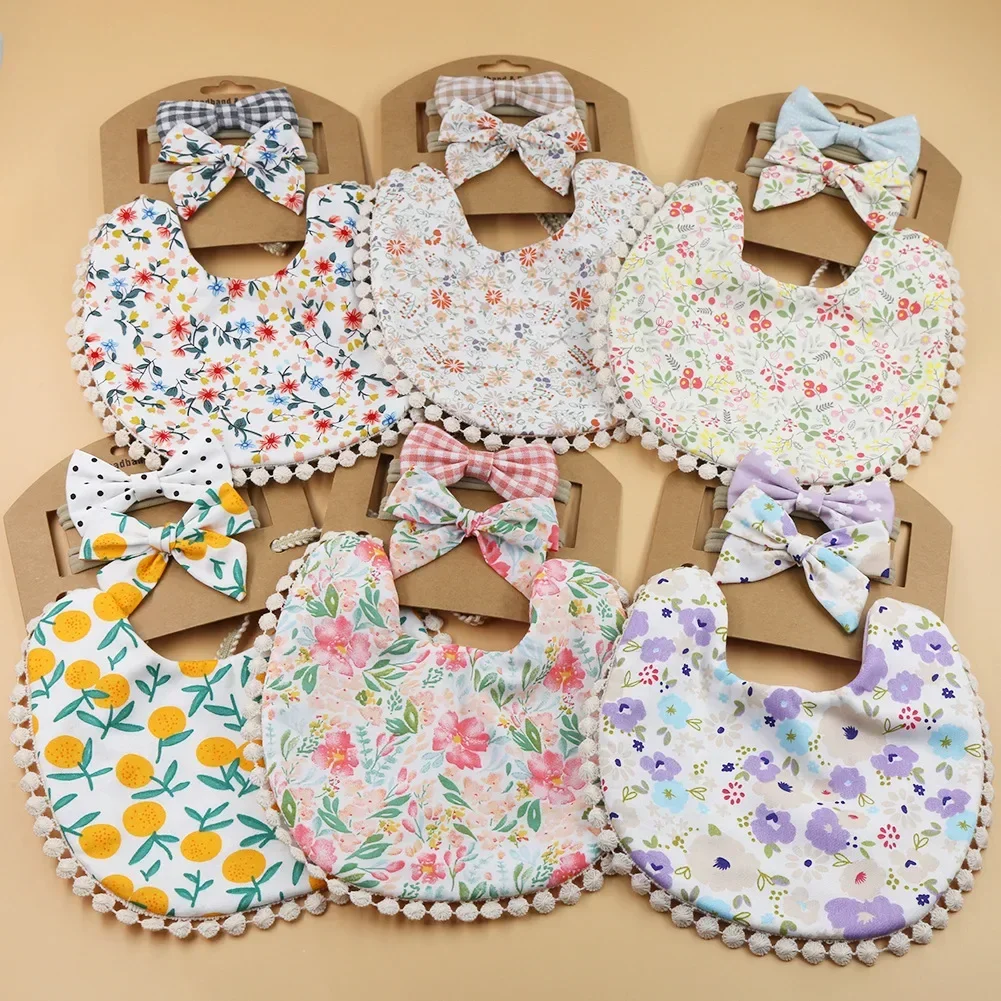 

1 Sets/Lot Flower Print Embroidery Baby Bibs Headbands Bow Tie Scarf Bandana Double Side Toddler Saliva Towel Feeding Burp Cloth