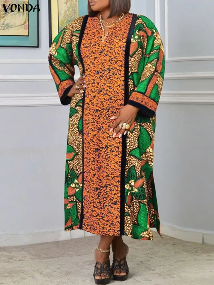 Plus Size 5XL VONDA Bohemian Floral Print Long Dress Women's V-Neck Long Sleeve Maxi Vestidos Vintage Casual Loose Sundress Robe