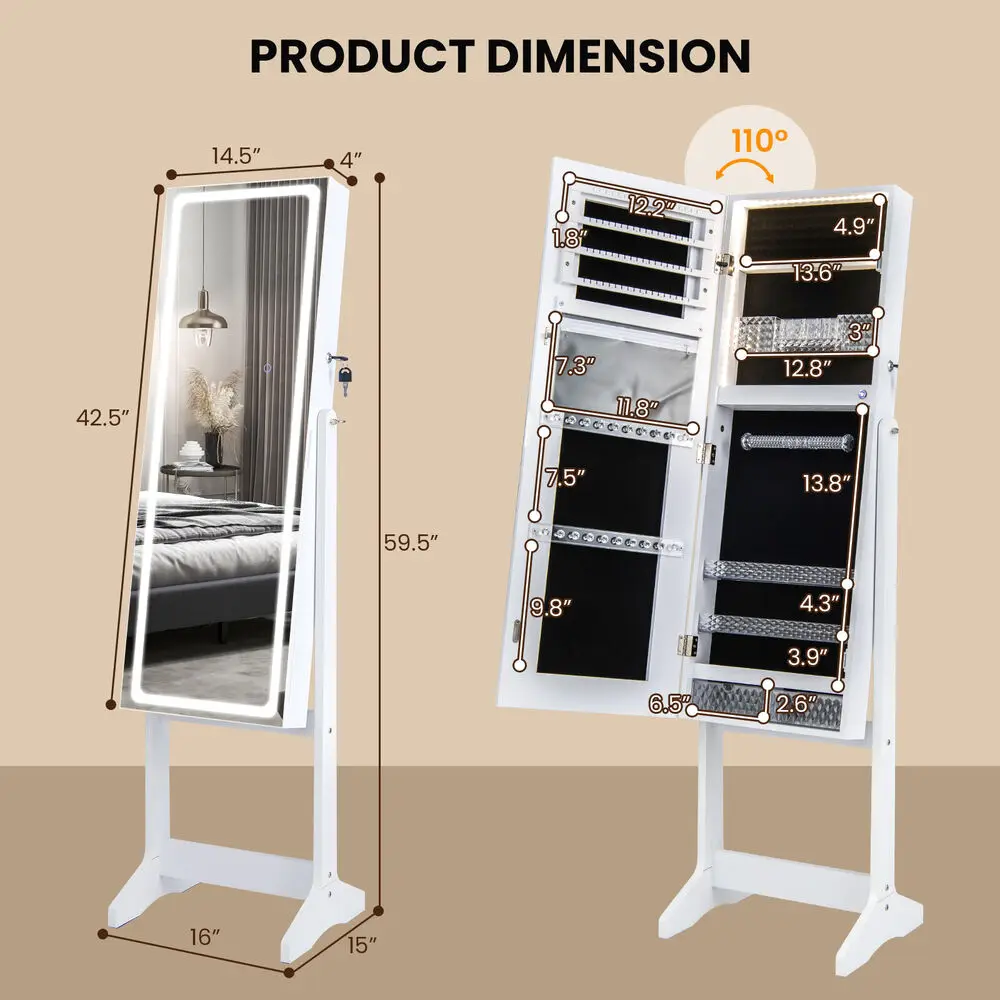 3 Color Light LEDs Mirror Jewelry Cabinet Jewelry Armoire Organizer Full-Length