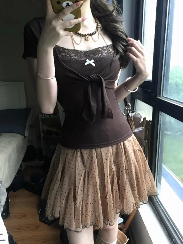 Genayooa Japanische Y2k Zweiteilige Oberteile für Damen, kurzärmelig, Spitze, Patchwork, Camis + Schnür-Smock, Fairycore 2000er-Jahre-T-Shirt-Oberteile, E-Girls – Detail 3