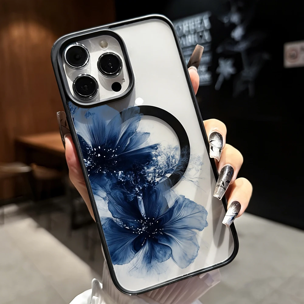 Tintenblaue Blumen-Transparenthülle für Magsafe iPhone 11 15 16 Pro Max 17 14 11 13 12 Pro Max Plus Hülle Magnetisches Kabelloses Laden Coque – Detail 2