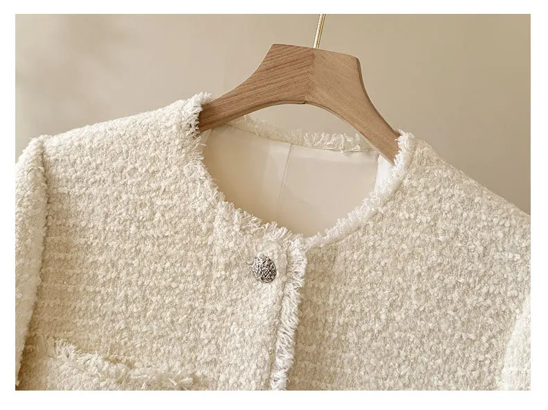 ウールタッセルショートジャケット新しい秋エレガントなラウンドネック多用途洗練された女性のトップアウターウェアロパムジェール女性のためのスーツ