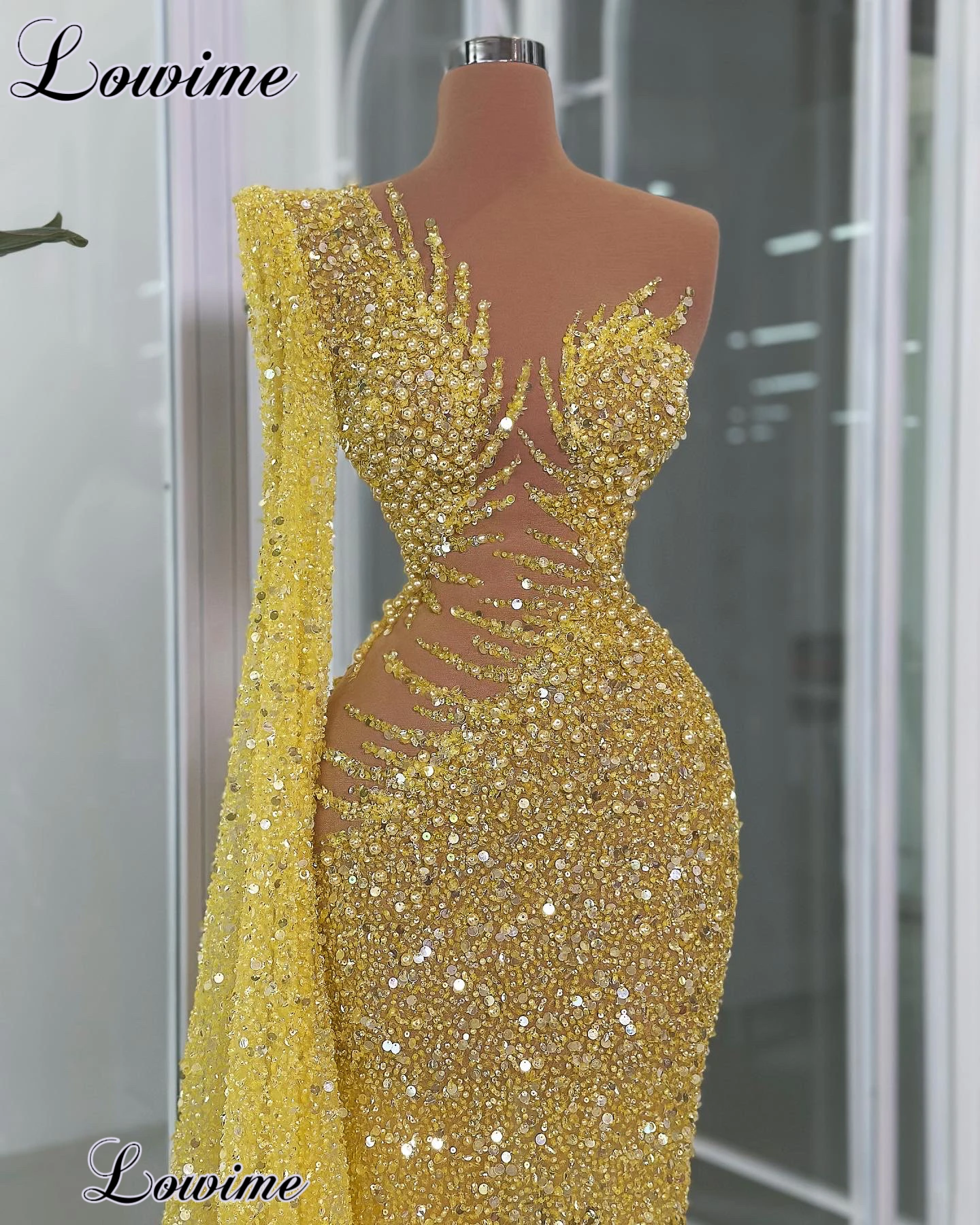 New Yellow Glitter Prom Dresses Mermaid One Shoulder Special Evening Gowns With Pearls Vestidos Para Mujer Prom Dresses 2024