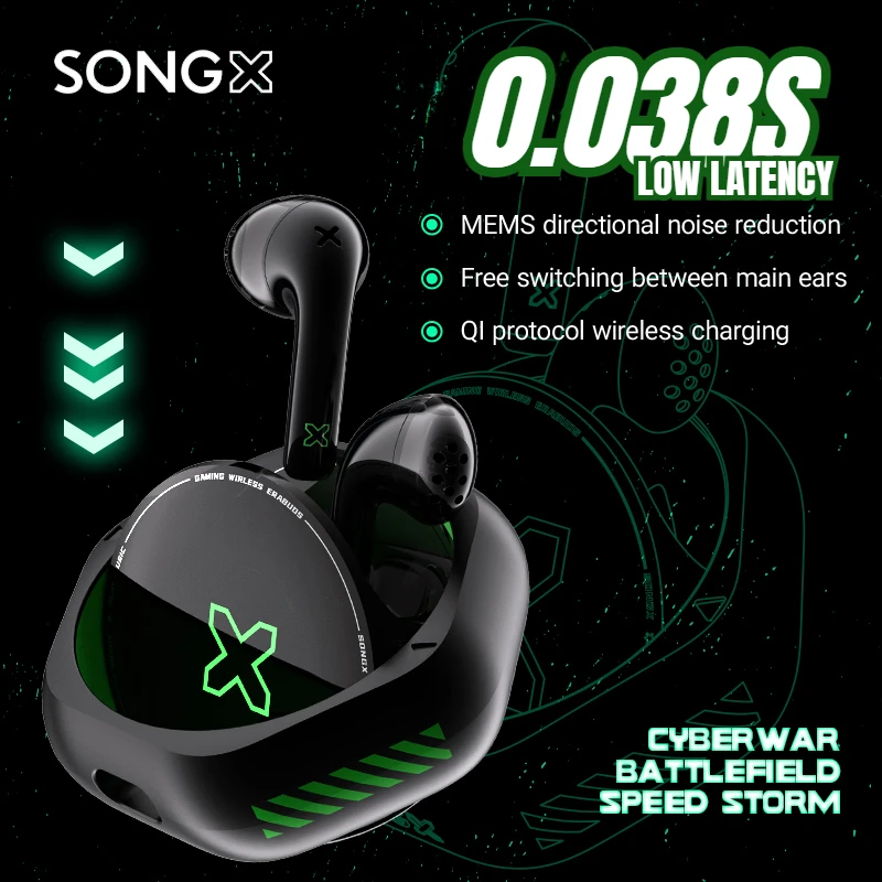 

Игровые наушники SONGX SX10 TWS, беспроводные Bluetooth наушники с зарядкой QI, IPX4 водонепроницаемые MEMS, беспроводные наушники с шумоподавлением