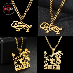 Goxijite Fashion Customized Name Big Nameplate Stainless Steel Personalized Names Lion Pattern Necklaces Best Jewelry Gift
