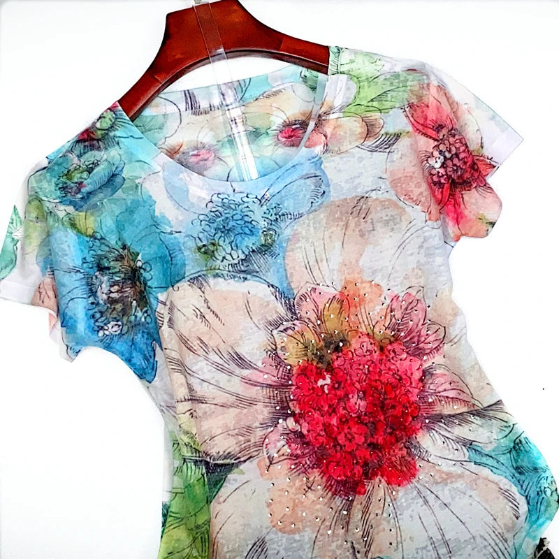 Mulberry Silk Flowers Printed Hot Drilling Women T-shirt All-match Summer Large Size Bottoming Tees Casual Short Sleeve Tops