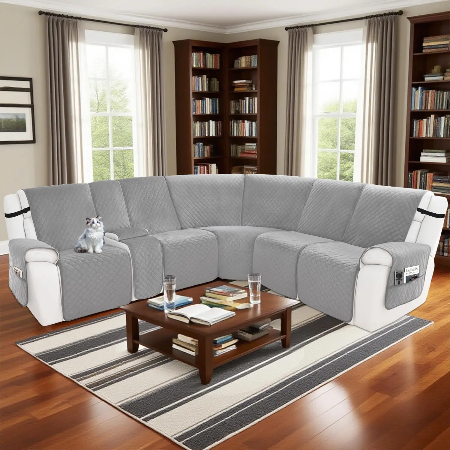 Capa de sofá secional reclinável à prova d'água antiderrapante lavável em forma de L 5 assentos 1 console cinza prateado