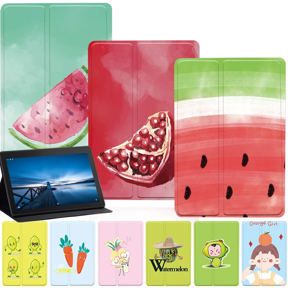 Leather Tablet Case for Lenovo Tab M7/M8/M10 2nd Gen 10.1/M10/M10 FHD Plus/E10 10.1 Fruit Print Foldable Stand Protective Cover