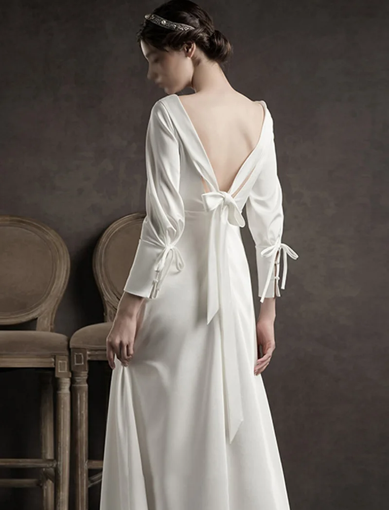 2022 Simple Wedding Dress Photo-Shooting Satin Sheath 웨딩드레스 Vintage Gown Bridal Long Sleeve Boat Neck Backless ウエディングドレス Women