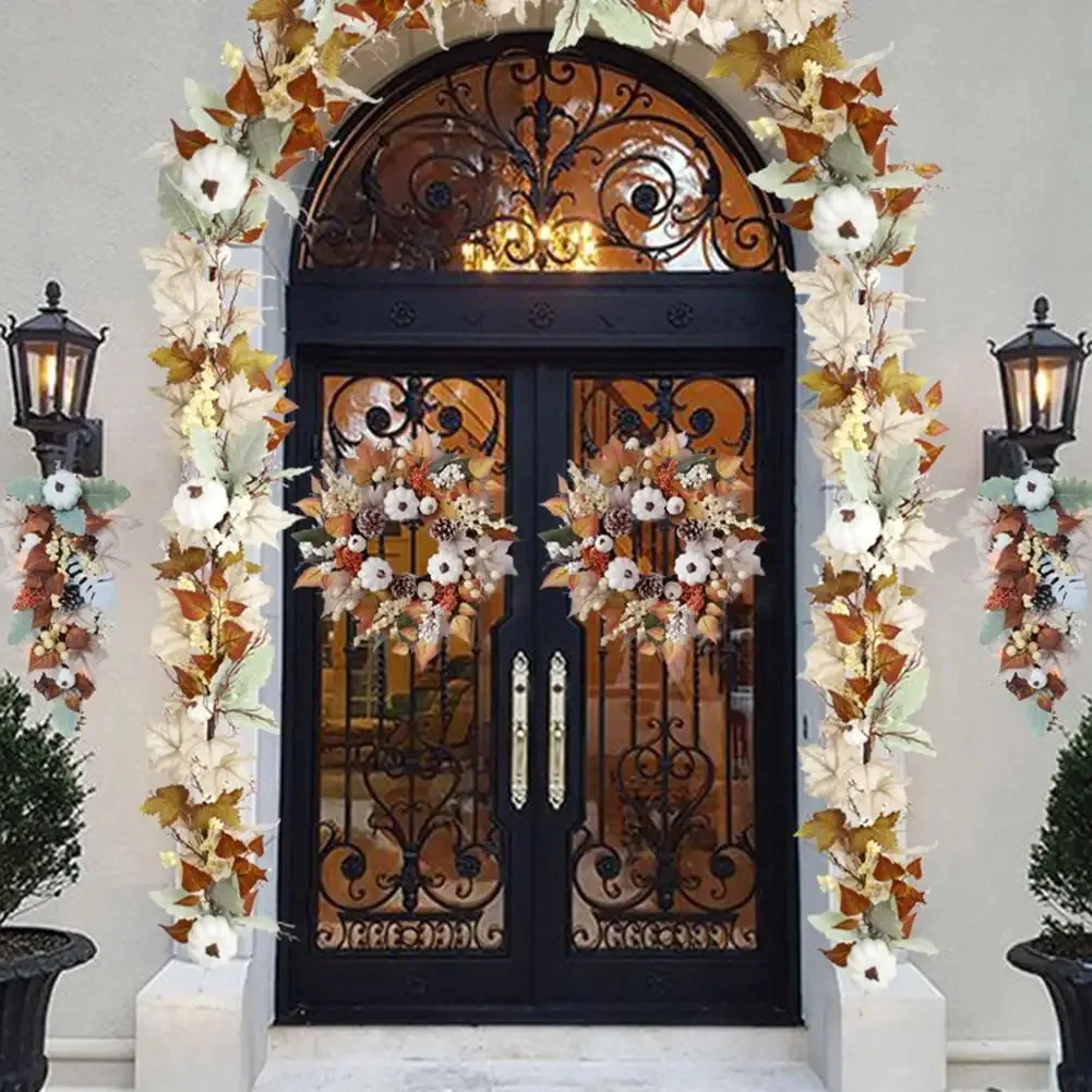 Fall Decor Autumn Artificial Maple Leaf Pumpkin Berry Garland Thanksgiving Halloween Home Mantle Fireplace Party Hanging Supplie view 3