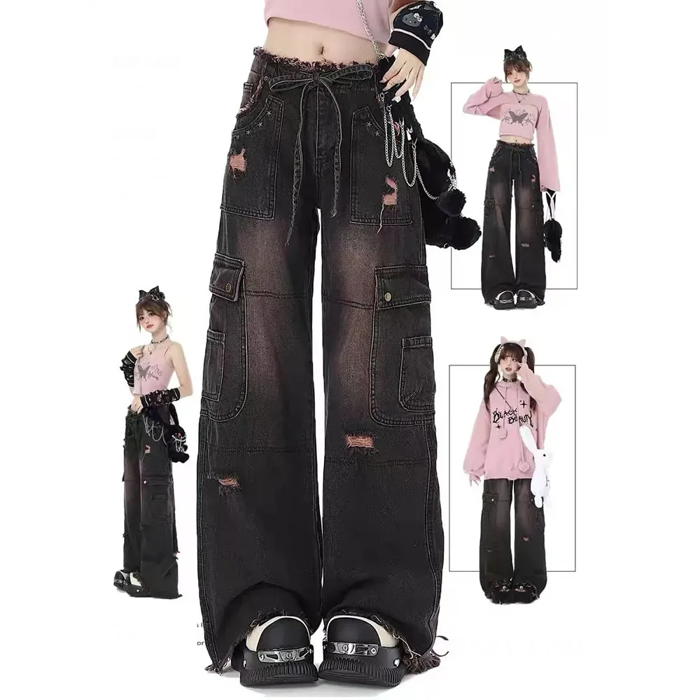 Emo 2025s Clothes Women's 90s Vintage Black Gothic Cargo Jeans Y2k High Waist Wide Leg Denim Trousers Harajuku Baggy Jean Pants