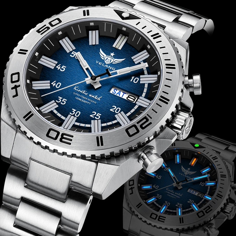 Yelang V1035 44mm Men Diving Watch Human Kinetic Watch Brand 100m Waterproof Watches luminous T100 Japan PX83 Sapphire Reloj