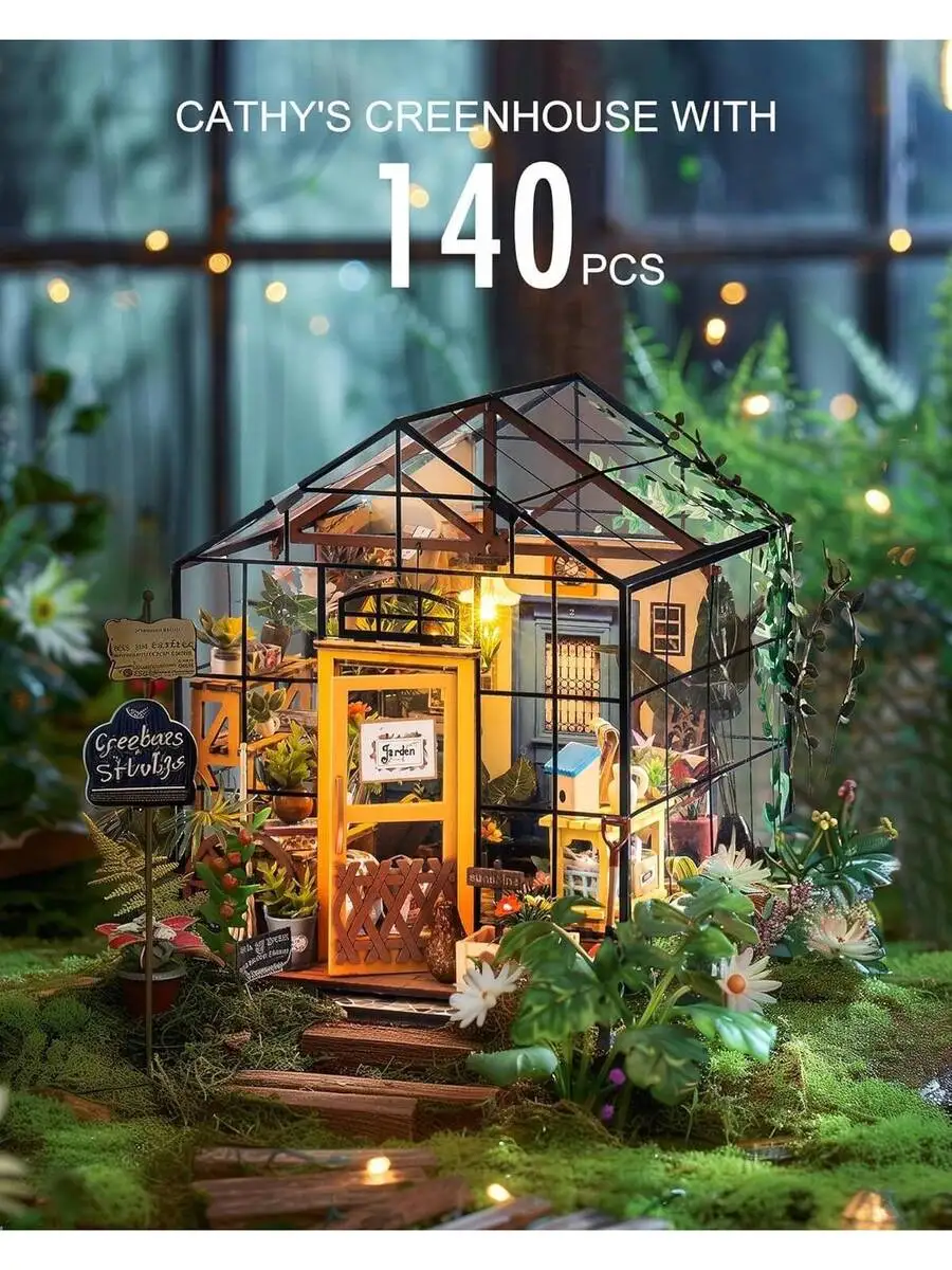 Rolife Cathy's Flower House DIY Wooden Dollhouse Miniature 3D Greenhouse Kit Craft Kits For Adults Birthday For Women Teens, Hom