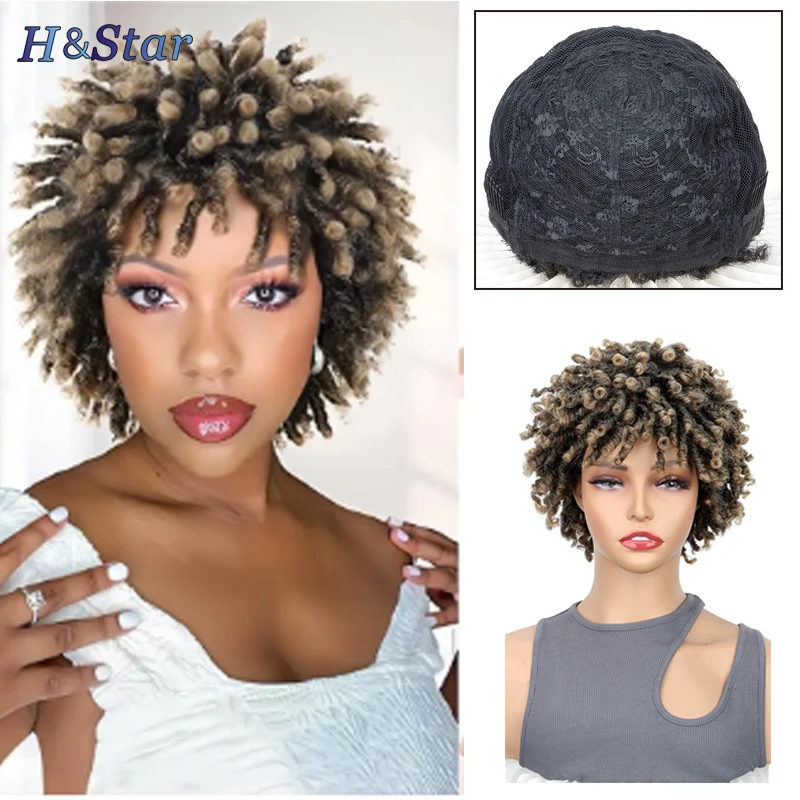 H&STSR  Synthetic Short  Curly Afro Wig  Faux Locs Hair Wigs Short Dreadlock Wig for Black Women And Men Afro Kinky Twist Wig