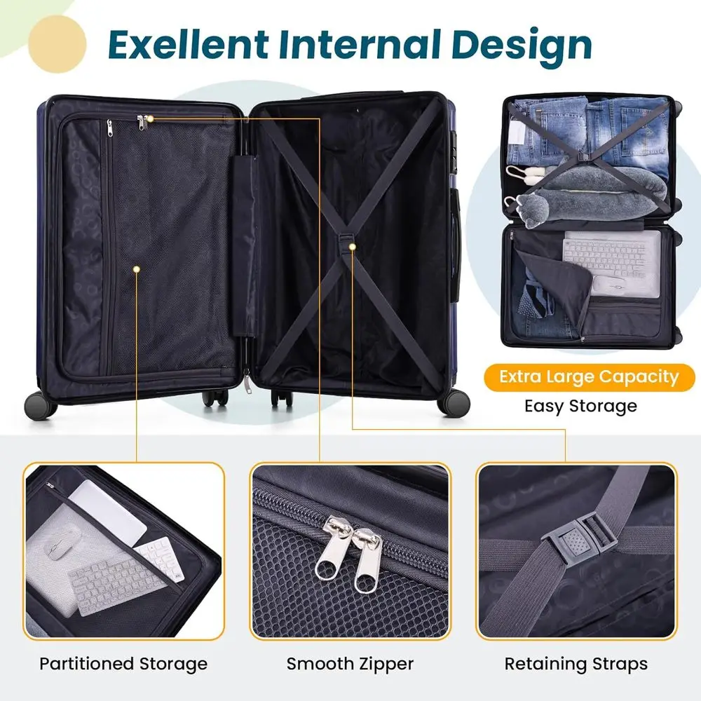 3-Piece Spinner Luggage Set with TSA Lock, 20 ABS+PC Hard Shell Carry-On Suitcase for Travel, Dark Blue