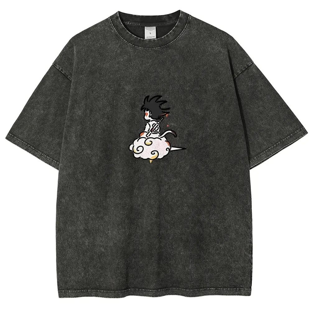 

2026 Kid Goku Flying Nimbus T Shirt Dragon Ball Z Anime Men Vintage Acid Wash Comfortable summer washed T-shirt, loose fit