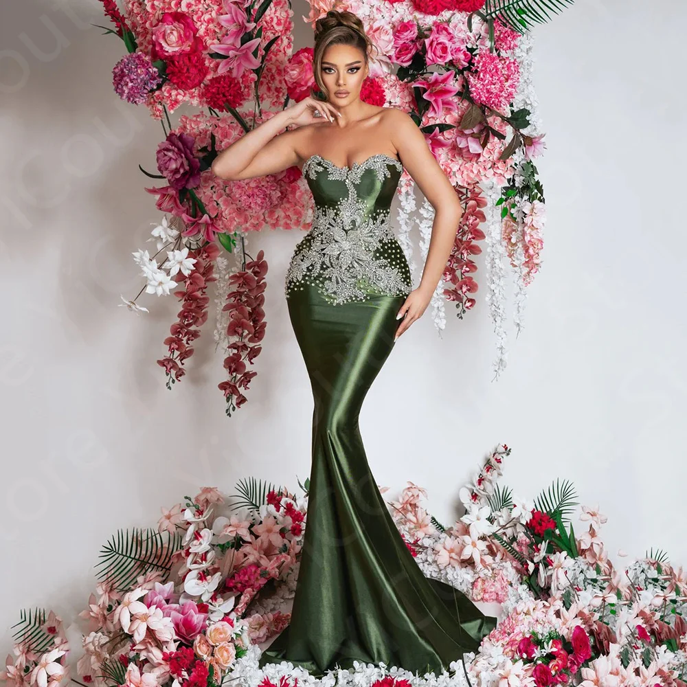 

Unique Olive Green Evening Dresses Luxury Beading Prom Party Dresses Mermaid Sweetheart Wedding Guest Gowns 2024 Sleeveless