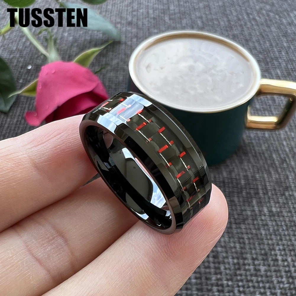 Dropshipping TUSSTEN 6/8MM Men Women Tungsten Wedding Band Black Red Carbon Fiber Inlay Shiny Bevel Edges Comfort Fit