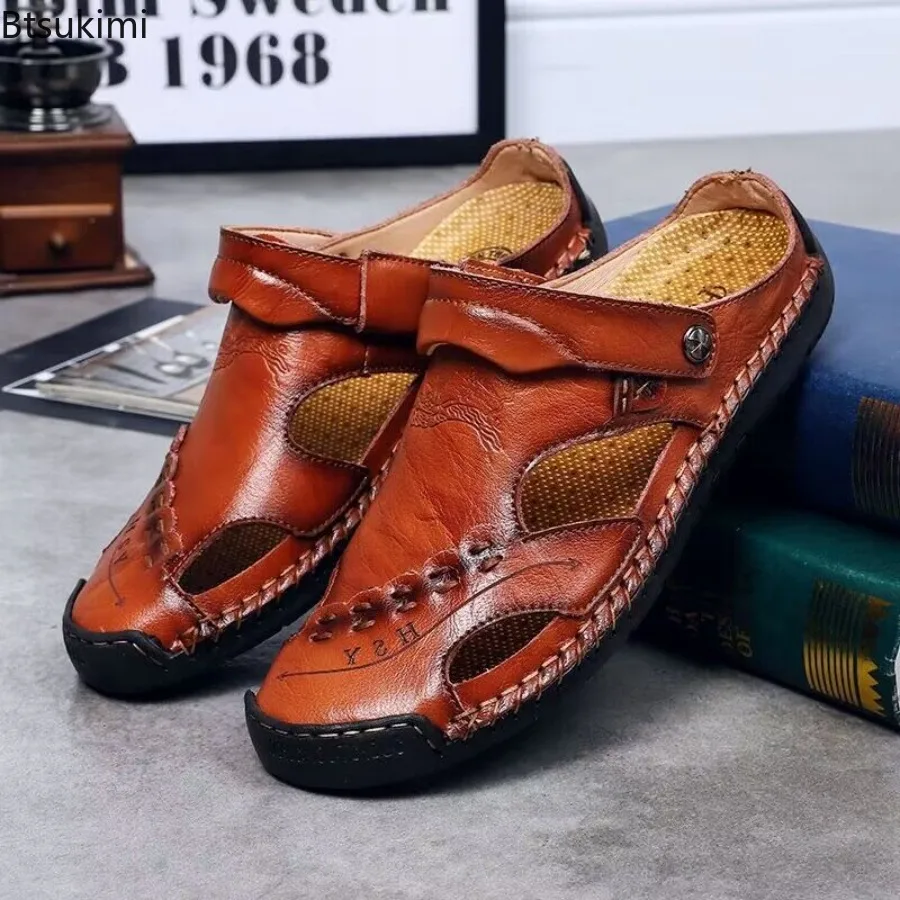 New Men's Shoes Retro Finished Sewn Slippers Men's Summer High-quality Luxury Design Leather Sandals Outdoor Trendy Beach Shoes