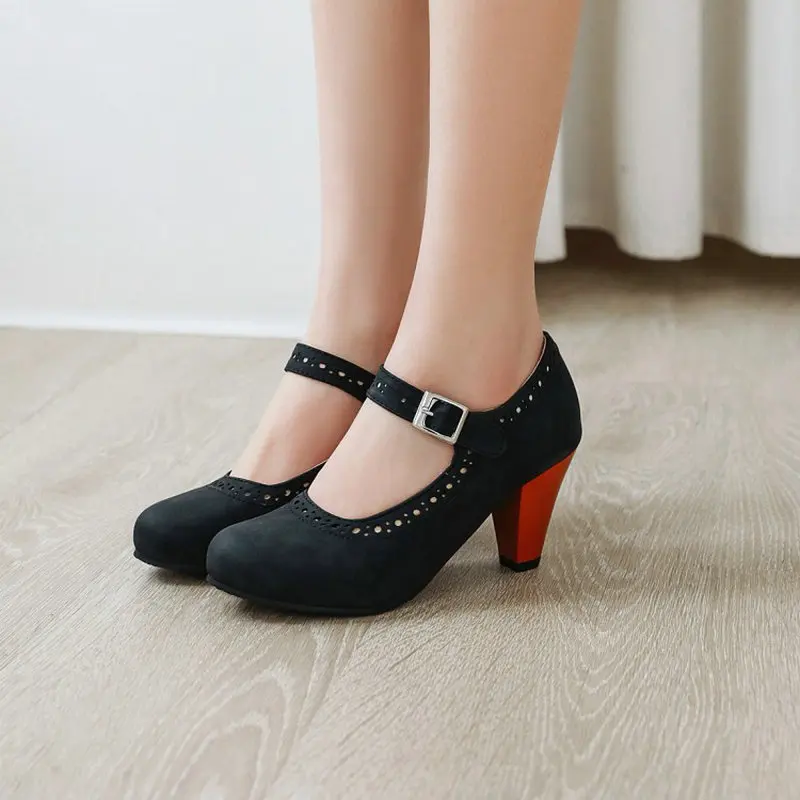 ZawsThia Spike High Heels Purple Green Black Woman Shoes Retro Lady Pumps Buckle Strap Female Heels Mary Janes Shoes Size 34-48